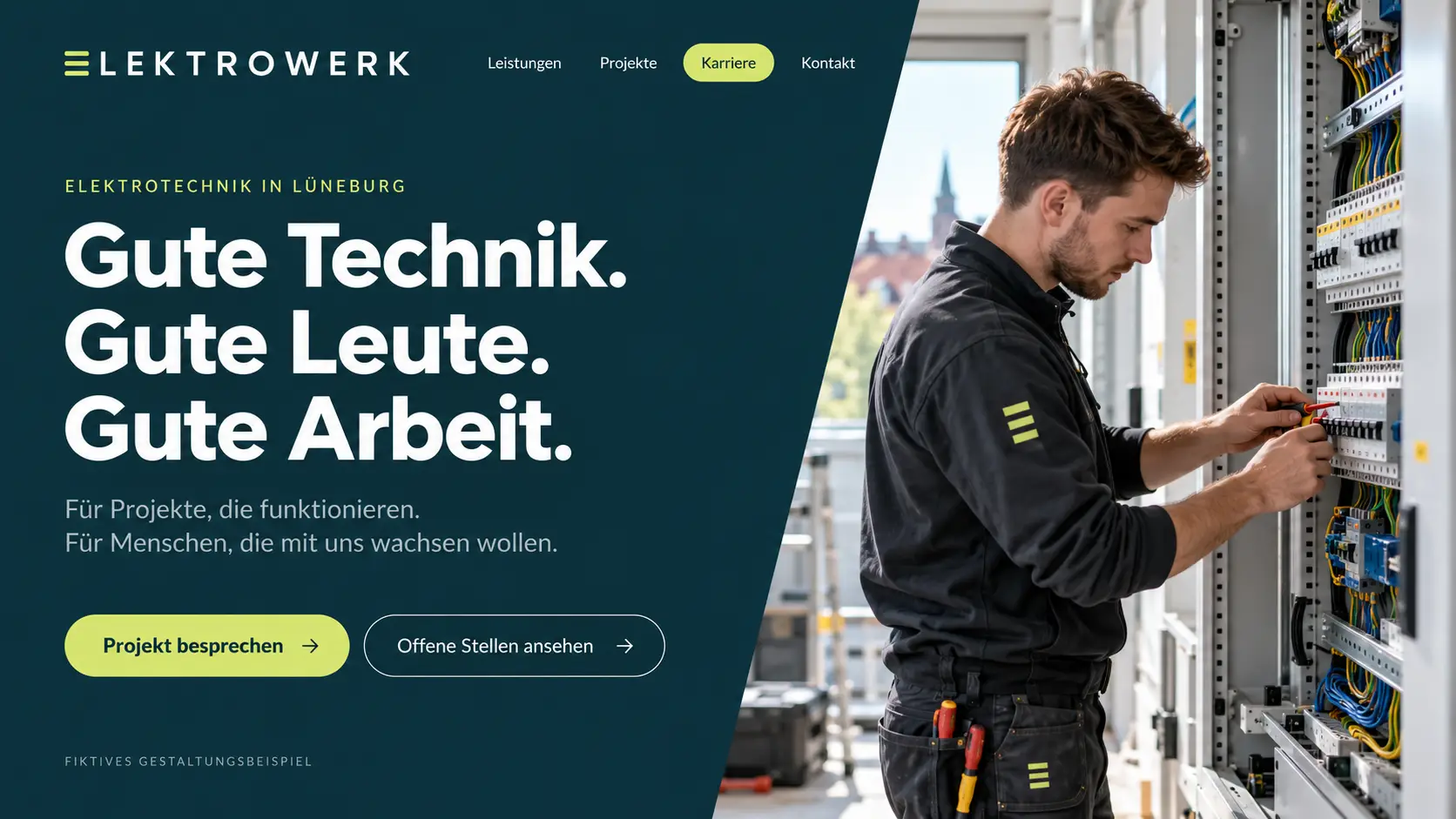 Fiktiver Website-Entwurf Elektrowerk mit Leistungs- und Karriere-Einstieg